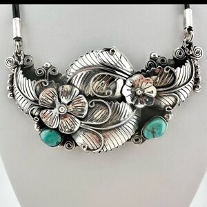 Vintage Floral Turquoise Earrings & Necklace Sterling Silver Signed Mexico C11